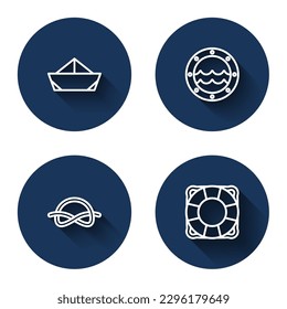 Set line Folded paper boat, Ship porthole, Nautical rope knots and Lifebuoy with long shadow. Blue circle button. Vector