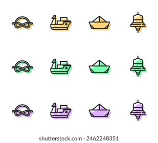 Set line Folded paper boat, Nautical rope knots, Cargo ship and Ship bell icon. Vector