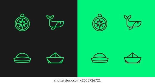 Set line Folded paper boat, Sailor hat, Compass and Whale icon. Vector