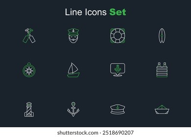 Set line Folded paper boat, Captain hat, Anchor, Lighthouse, Striped sailor t-shirt, Yacht sailboat and Compass icon. Vector