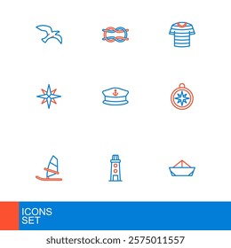 Set line Folded paper boat, Lighthouse, Windsurfing, Compass, rose, Captain hat, Striped sailor t-shirt and Nautical rope knots icon. Vector