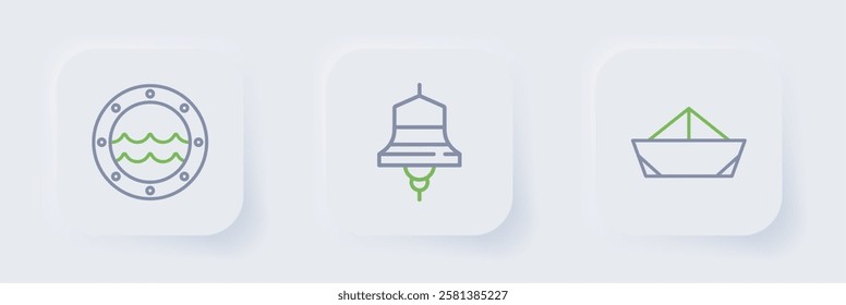 Set line Folded paper boat, Ship bell and porthole icon. Vector