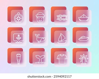 Set line Folded paper boat, Whale tail, Yacht sailboat, Striped sailor t-shirt, Nautical rope knots, Compass and Sailor icon. Vector