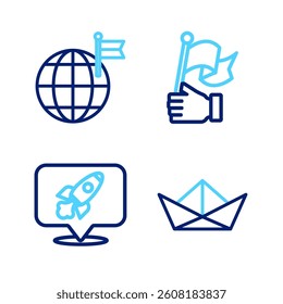 Set line Folded paper boat, Rocket ship, Hand holding flag and Planet with icon. Vector