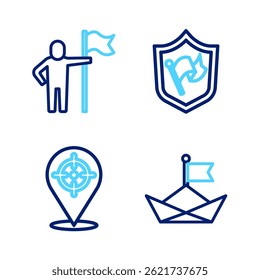 Set line Barco de papel dobrado, Alvo, Escudo com bandeira e Homem segurando ícone. Vetor