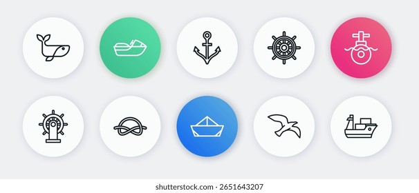 Linha Set Barco de papel dobrado, Submarino, Volante do navio, Gaivota de pássaro, Âncora, Navio de carga e Nó de corda náutica ícone. Vetor