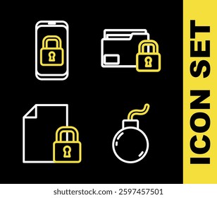 Set line Folder and lock, Bomb ready to explode, Document and Mobile with closed padlock icon. Vector