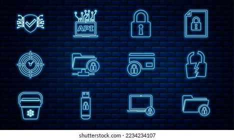 Set line Folder and lock, Broken or cracked, Lock, FTP folder, Time Management, Cyber security, Credit card with and Computer api interface icon. Vector