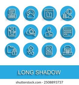 Definir linha Pasta e bloqueio, Hacking na nuvem, Servidor, Dados, Hospedagem na Web, HDD de disco rígido, Hangar com servidores, Computação em nuvem de pesquisa, Janela do navegador e ícone do engenheiro analista. Vetor
