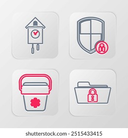 Definir linha Pasta e bloqueio, saco refrigerador, Escudo de segurança com e Retro parede ícone relógio. Vetor