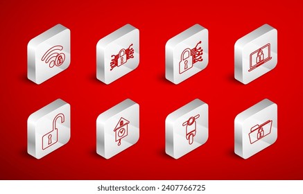 Set line Folder and lock, Cyber security, Laptop, Scooter, Wifi locked, Retro wall watch and Open padlock icon. Vector