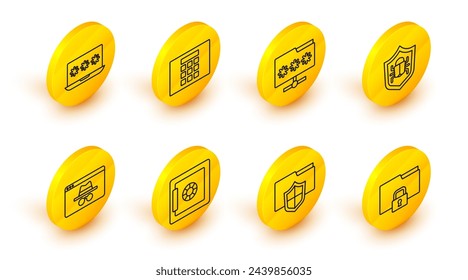 Set line Folder and lock, Document folder protection, Safe, Browser incognito window, System bug, with password, Password and Laptop icon. Vector