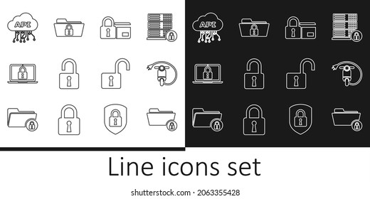 Set line Folder and lock, Electric scooter, Credit card with, Open padlock, Laptop, Cloud api interface,  and  icon. Vector