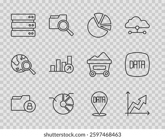 Set line Folder and lock, Financial growth, Pie chart infographic, Server, Data analysis and  icon. Vector