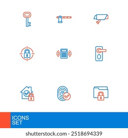 Set line Folder and lock, Fingerprint, House under protection, door, Lock, Security keypad access panel, camera and Parking car barrier icon. Vector