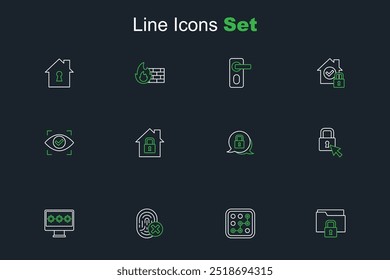 Set line Folder and lock, Graphic password protection, Cancelled fingerprint, Monitor with, Lock, House under and Eye scan icon. Vector