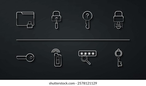 Set line Folder and lock, Key, broke inside of padlock, Password protection, Car key with remote, Lock picks for picking, Old and Undefined icon. Vector