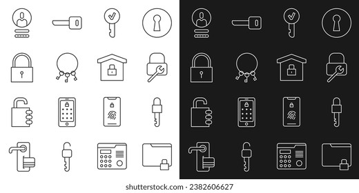Set line Folder and lock, Locked key, repair, Key, Bunch of keys, Create account screen and House under protection icon. Vector