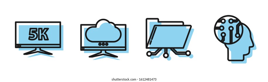 Set line Folder and lock, Monitor display with 5k video, Computer monitor screen and Human brain as digital circuit board icon. Vector