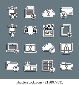 Set line Folder and lock, Lock on monitor, Document, Cloud computing, Cyber security, Scooter, Electric scooter and Computer api interface icon. Vector