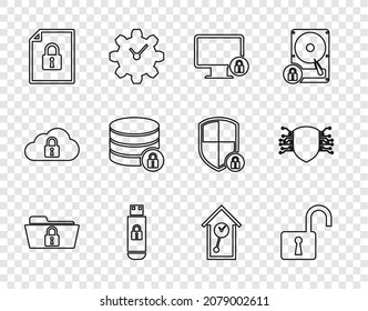 Set line Folder and lock, Open padlock, Lock on monitor, USB flash drive with, Document, Server security, Retro wall watch and Cyber icon. Vector