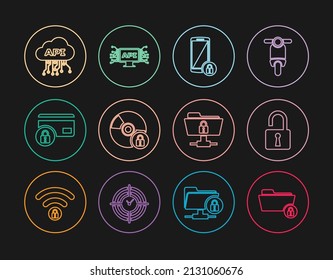 Set line Folder and lock, Open padlock, Smartphone with, CD or DVD disk, Credit card, Cloud api interface, FTP folder and Computer icon. Vector