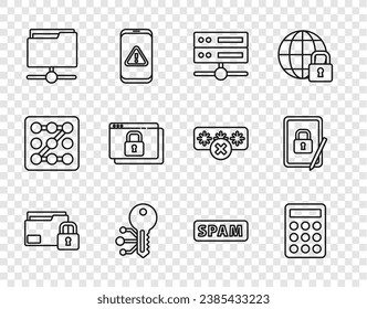 Set line Folder and lock, Password protection, Server, Data, Web Hosting, Cryptocurrency key, FTP folder, Secure your site with HTTPS, SSL, Spam and Tablet closed padlock icon. Vector