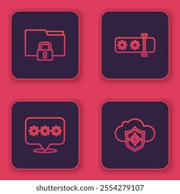 Set line Folder and lock, Password protection,  and Cloud shield. Blue square button. Vector