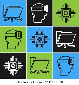 Set line Folder and lock, Processor and Virtual reality glasses icon. Vector