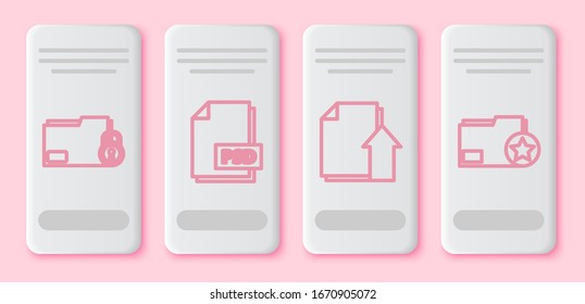 Set line Folder and lock, PSD file document, Upload file document and Document folder with star. White rectangle button. Vector