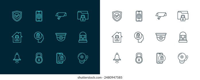 Set line Folder and lock, Lock, Security camera, Mobile with closed padlock, Shield check mark and fingerprint scanner icon. Vector