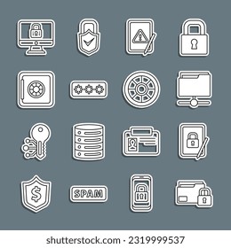 Set line Folder and lock, Tablet with closed padlock, FTP folder, exclamation mark, Password protection, Safe, Lock computer monitor and  icon. Vector
