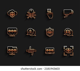 Set line Folder with password, Barbed wire, Cloud and shield, Laptop, Eye scan, Exclamation mark in triangle, System bug and Incognito mode icon. Vector