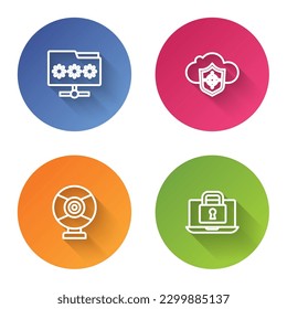 Set line Folder with password, Cloud and shield, Security camera and Laptop lock. Color circle button. Vector