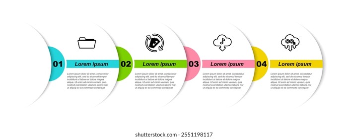 Definir linha Pasta, Reembolso dinheiro, Nuvem baixar música e emissões de CO2 na nuvem. Modelo de infográfico comercial. Vetor