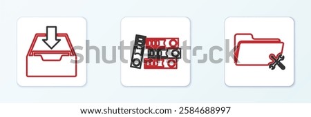 Set line Folder service, Download inbox and Office folders icon. Vector