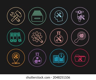 Set line Folder service, Microorganisms under magnifier, Human head, Wrench and gear, Office folders, Crossed hammer wrench, Bioengineering and Drawer with documents icon. Vector