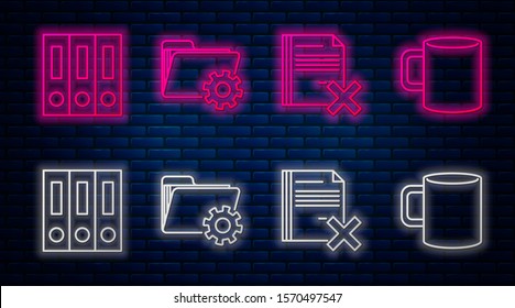 Set line Folder settings with gears, Delete file document, Office folders with papers and documents and Coffee cup flat. Glowing neon icon on brick wall. Vector
