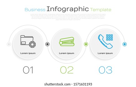 Set line Folder settings with gears, Office stapler and Telephone handset. Business infographic template. Vector