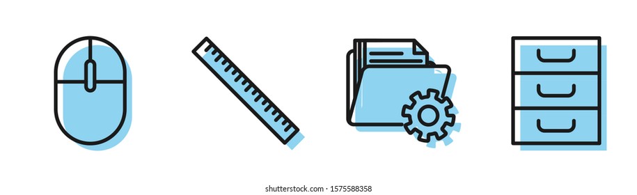 Set line Folder settings with gears, Computer mouse, Ruler and Drawer with documents icon. Vector
