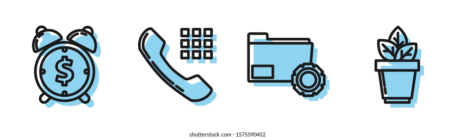 Set line Folder settings with gears, Alarm clock with dollar symbol, Telephone handset and Flowers in pot icon. Vector