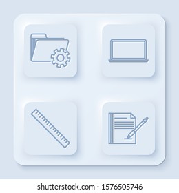 Set line Folder settings with gears, Laptop, Ruler and Blank notebook and pen. White square button. Vector