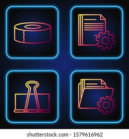 Set line Folder settings with gears, Binder clip, Scotch and Document settings with gears. Gradient color icons. Vector