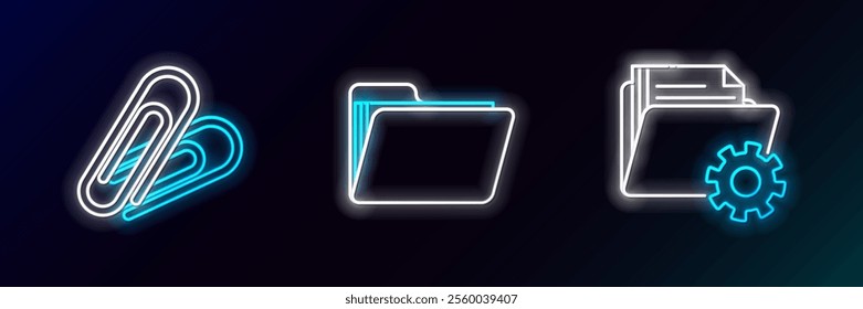 Set line Folder settings with gears, Paper clip and Document folder icon. Glowing neon. Vector