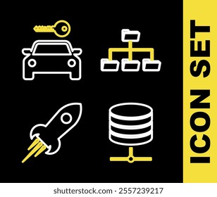 Set line Folder tree, Server, Data, Web Hosting, Rocket ship with fire and Car rental icon. Vector