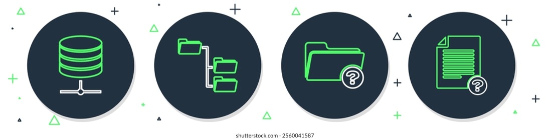 Set line Folder tree, Unknown directory, Server, Data, Web Hosting and document icon. Vector