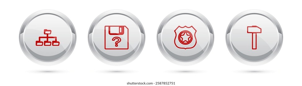 Set line Folder tree, Unknown document, Police badge and Hammer. Silver circle button. Vector