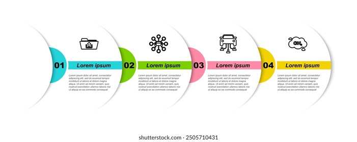 Set line Folder upload, Car sharing,  and Methane emissions reduction. Business infographic template. Vector