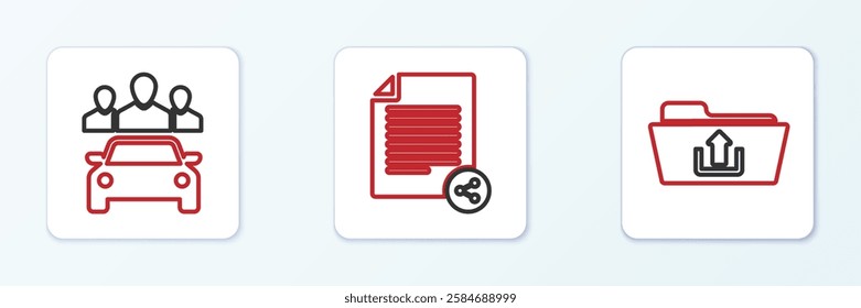 Set line Folder upload, Car sharing and Share file icon. Vector