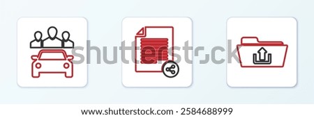 Set line Folder upload, Car sharing and Share file icon. Vector